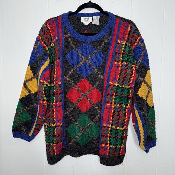 Eagle’s Eye Sport 1995 90s Vintage Men’s Hand Knit Argyle Geo Sweater Size Small - Picture 1 of 5